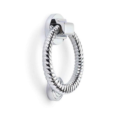 Polished chrome reeded ring door knocker angled product view on a white background