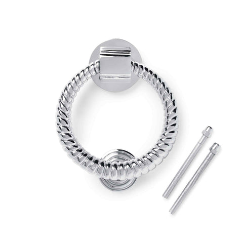 Polished chrome reeded ring door knocker with supplied fixing bolts on a white background