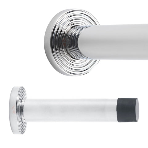 Polished Chrome Solid Brass Cylinder Projected Plain Door Stop Reeded Backplate