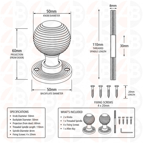Technical drawing and dimensions for polished nickel reeded beehive mortice door knobs with spindle and fixing screw measurements