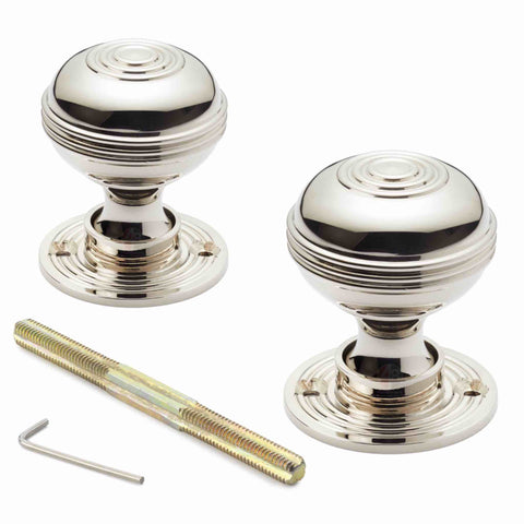 Pair of polished nickel Bloxwich mortice door knobs with matching rose backplates, spindle and Allen key included.