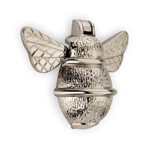 Polished nickel bumble bee door knocker front view showing detailed wings and textured body.