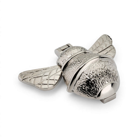 Polished nickel bumble bee door knocker angled side view highlighting curved body and wing detail.