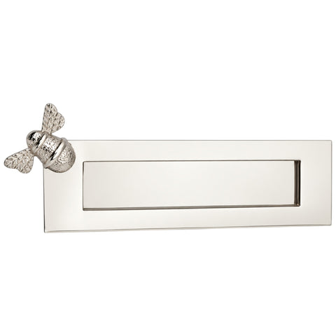 Front view of polished nickel Bumble Bee letter box plate with plain sprung flap and detailed solid brass bumble bee