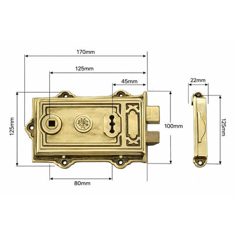 Technical drawing of Davenport rim lock showing overall dimensions and fixing measurements
