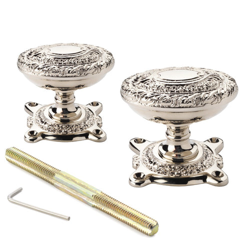 Small Victorian Gothic Rim Lock Polished Nickel Floral Oval Door Knobs