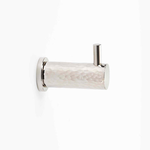 Polished nickel hammered coat hook mounted on a round rose backplate
