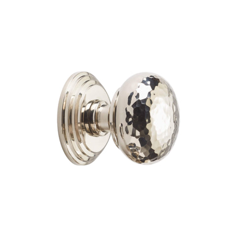 Side view of 55mm hammered mortice door knob on stepped backplate in polished nickel finish