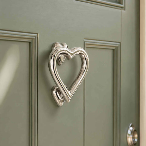 Polished Nickel Heart Door Knocker Fitted to Traditional Sage Green Front Door