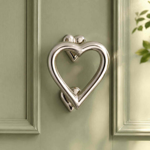 Decorative Polished Nickel Heart Door Knocker on Sage Green Door