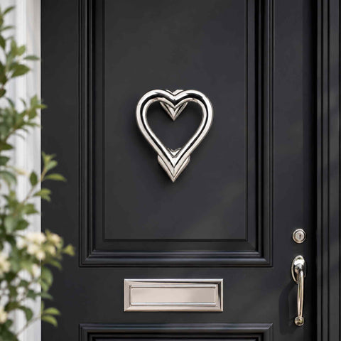 Polished Nickel Heart Door Knocker Installed on Black Front Door with Matching Letter Plate and Pull Handle