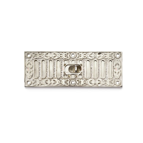 Polished nickel rectangle air vent front view with decorative Fleur de Lys border and adjustable centre slider control