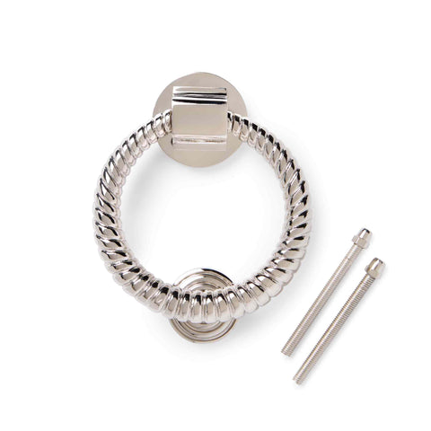 Polished nickel reeded ring door knocker with supplied fixing bolts on a white background