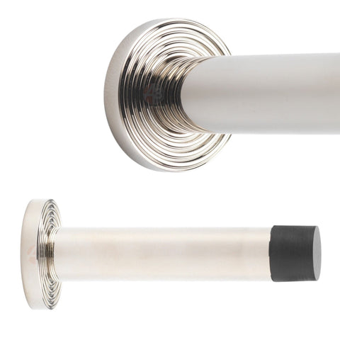 Polished Nickel Solid Brass Cylinder Projected Plain Door Stop Reeded Backplate