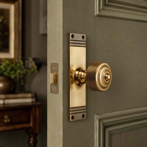 Pair of reeded aged brass door knobs on matching tall backplates fitted to internal double doors, creating a classic symmetrical appearance.