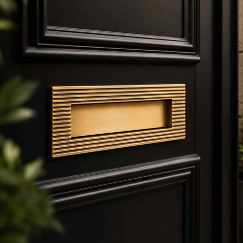 Reeded aged solid brass letter box plate installed on a black front door