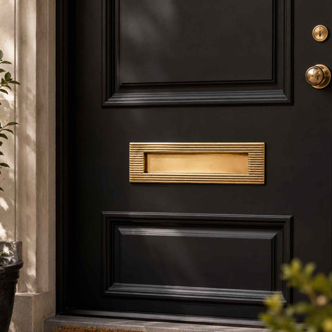 Aged solid brass reeded letter box plate fitted to a traditional black entrance door