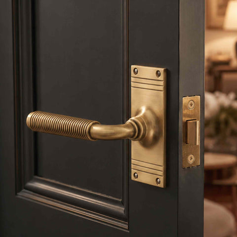 Antique brass reeded lever door handle on backplate installed on a dark interior door, highlighting the traditional finish and matching antique brass latch.