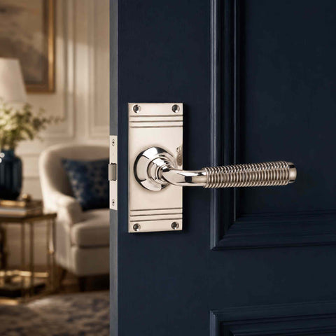 Polished nickel reeded lever handle mounted on a navy blue panelled door, highlighting the contrast between the polished finish and dark door.