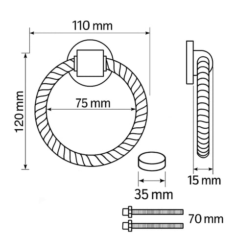 Technical drawing of Antique Brass Reeded Ring Door Knocker with dimensions and fixing bolt measurements