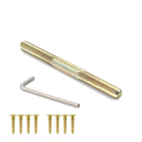 Fixing kit for rosewood polished brass beehive door knobs including spindle, screws, and allen key