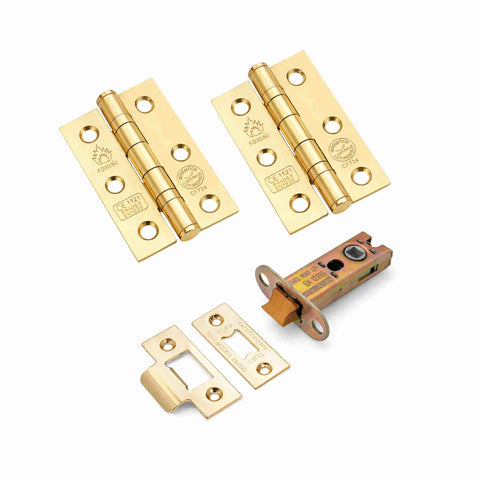 pair of polished brass ce7 hinges and a 3 inch heavy duty tubular latch on a white background.