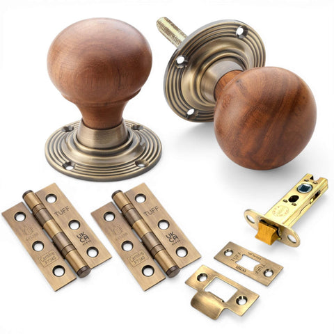 Rosewood and antique brass bun door knobs with 3 inch tubular latch and CE7 hinges set