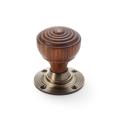 10 Pairs Of Rosewood & Antique Brass Ringed Door Knobs