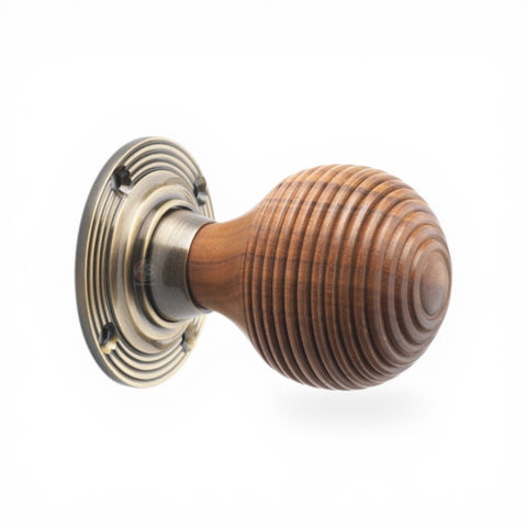Rosewood Beehive Door Knobs with Antique Brass Backplates – Latch & Lock Options