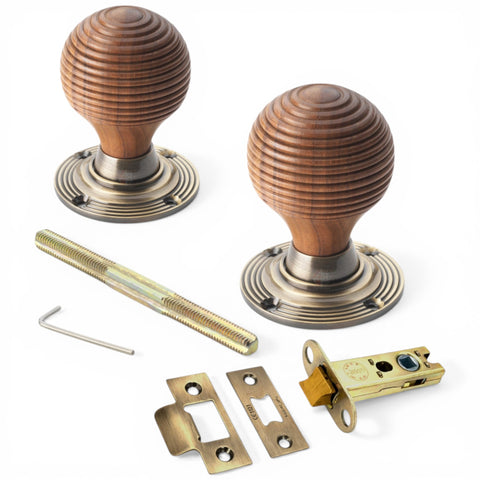 Rosewood Beehive Door Knobs with Antique Brass Backplates – Latch & Lock Options