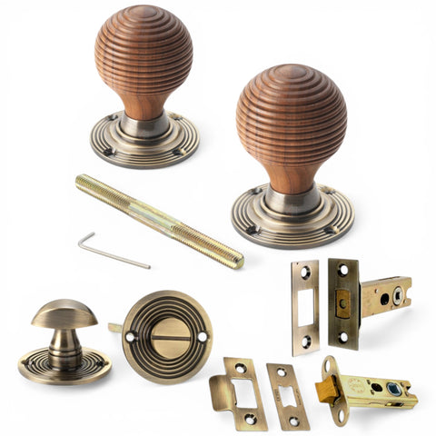 Rosewood Beehive Door Knobs with Antique Brass Backplates – Latch & Lock Options