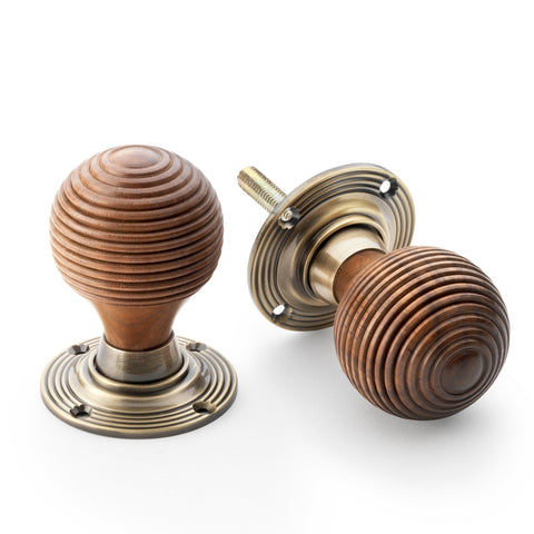 Rosewood Beehive Rim Mortice Door Knobs Pair 55mm Antique Brass