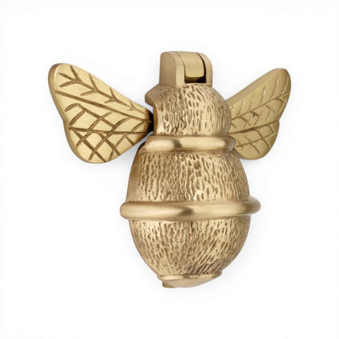 Satin brass bumble bee door knocker front view showing detailed wings and textured body
