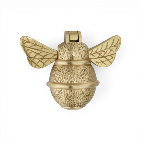 Satin brass bumble bee door knocker angled view highlighting brushed finish and design detail