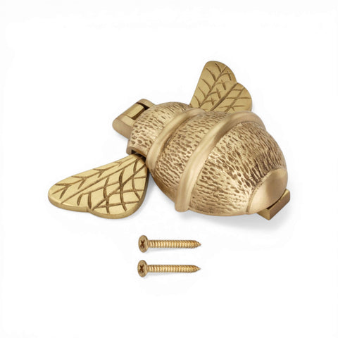 Satin brass bumble bee door knocker side view with fixing screws included