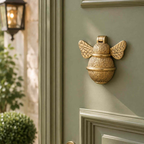 Satin brass bumble bee door knocker installed on a traditional front door with lantern lighting in the background