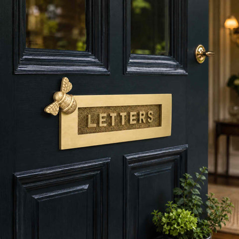Satin Brass Bumble Bee LETTERS Letter Plate Fitted to Traditional Black Front Door