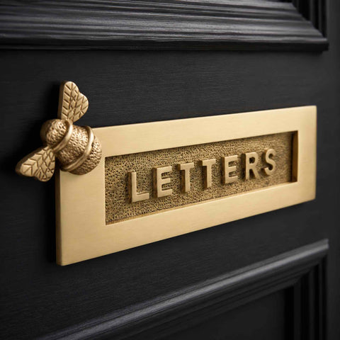 Decorative Satin Brass Bumble Bee LETTERS Letter Plate with Raised Lettering on Black Door