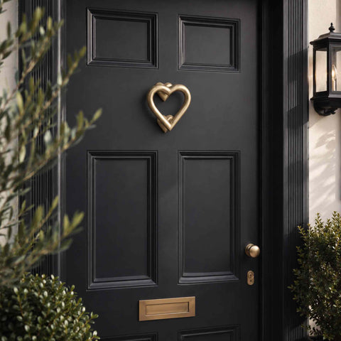 Satin Brass Heart Door Knocker Installed on a Traditional Black Front Door
