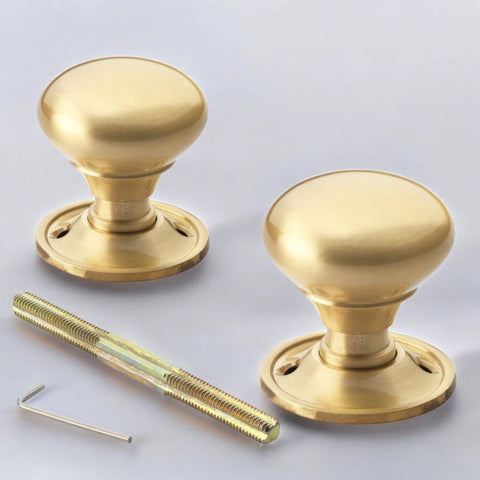 Satin Brass Rim Mortice Mushroom Cottage Door Knobs Knob Pair Discount Solid
