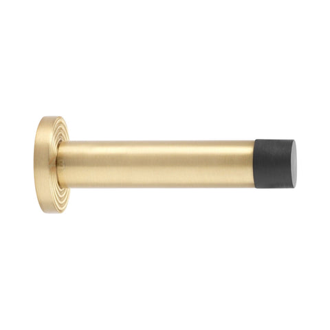 Satin Brass Solid Brass Cylinder Projected Plain Door Stop on Reeded Backplate