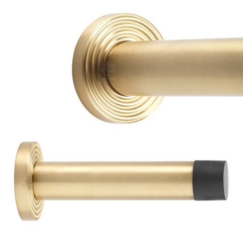 Satin Brass Solid Brass Cylinder Projected Plain Door Stop on Reeded Backplate