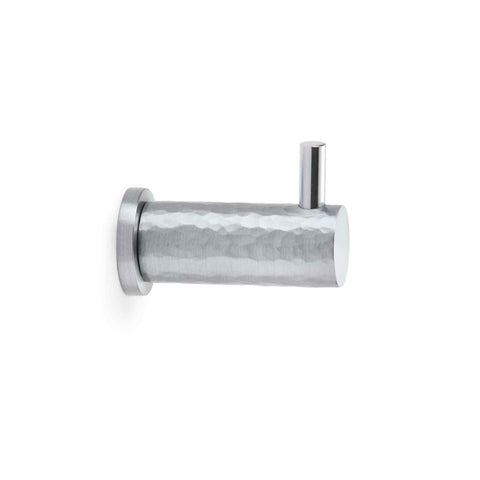 Satin Chrome hammered coat hook mounted on a round rose backplate