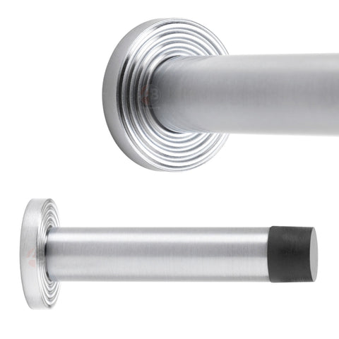 Satin Chrome Solid Brass Cylinder Projected Plain Door Stop on Reeded Backplate