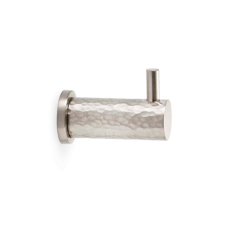 Satin nickel hammered coat hook mounted on a round rose backplate