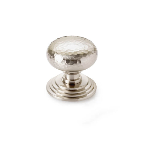 Hammered satin nickel cottage centre door knob with stepped circular backplate, front view on white background