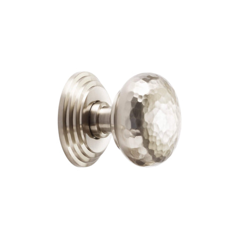 Side view of 55mm hammered mortice door knob on stepped backplate in satin nickel finish