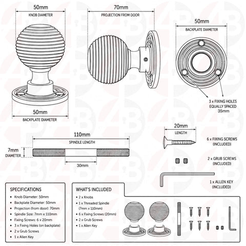 Technical drawing and dimensions for satin nickel reeded beehive rim mortice door knobs with spindle and fixings included.