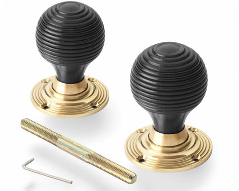 Six Pair Black Ebonised Polished Brass Beehive Door Knob Handle Rim Mortice