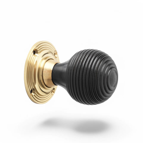 Six Pair Black Ebonised Polished Brass Beehive Door Knob Handle Rim Mortice